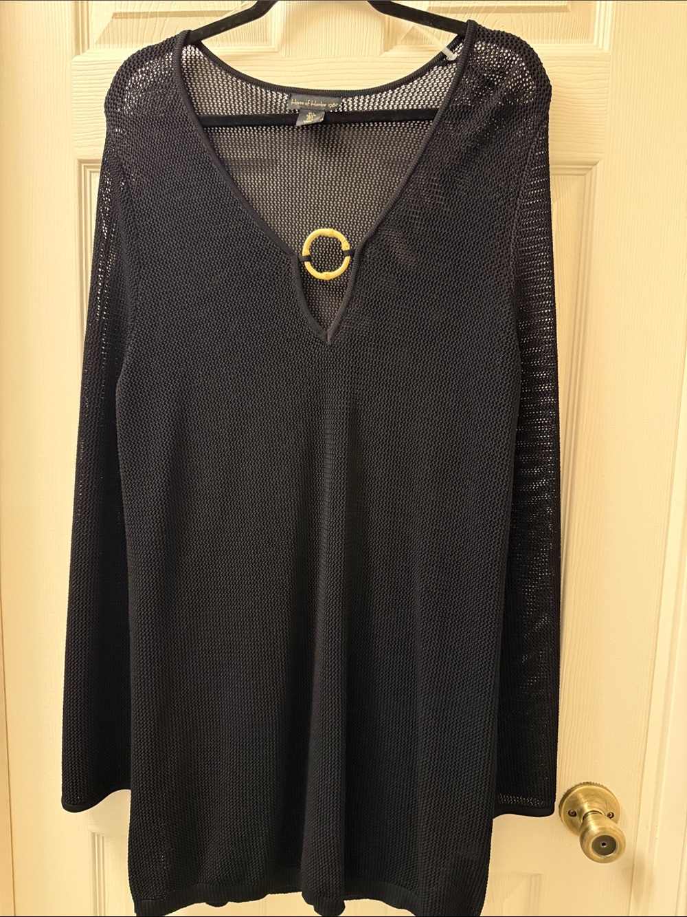 House of Harlow 1960 Black Open-Weave V-Neck Tunic with Ring - Beach Coverup